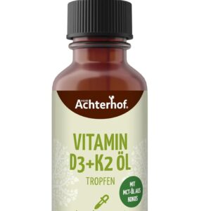 Vitamin D3 K2 Tropfen 50ml | 1400 Tagesdosen, 1000 I.E. | hochkonzentriert | Vitamine gelöst in naturreinem MCT Öl | ohne künstliche Zusätze | Pipetten-Flasche zur leichten Dosierung | vom Achterhof