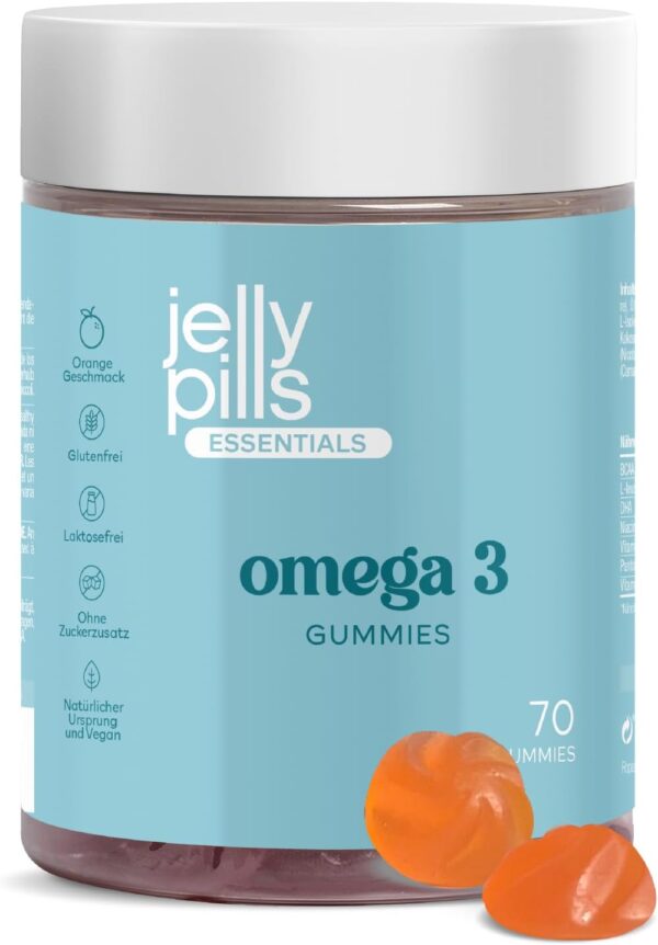 Jelly Pills® Konzentrierte Omega-3-Gummis (DHA + BCAA) und Vitamine der B-Gruppe - 70 vegane Gummis mit Orangengeschmack - ohne Zuckerzusatz - für Kinder und Erwachsene