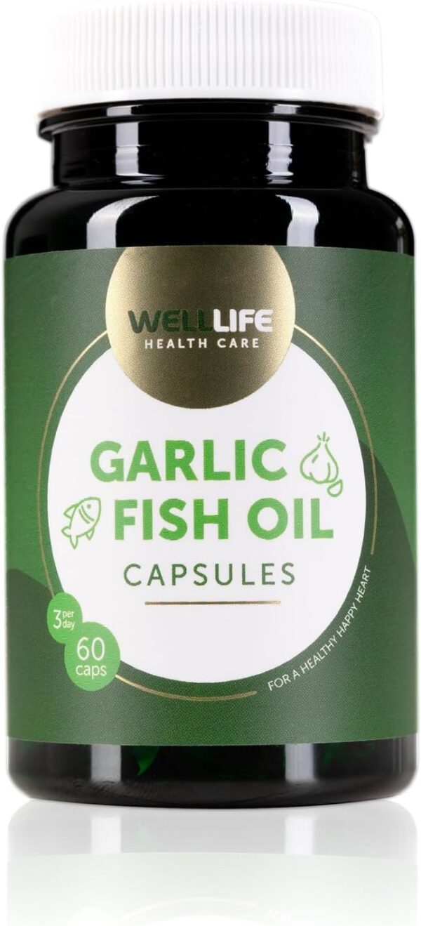 WellLife Knoblauch Fischöl Kapseln hochdosiert Vitamin E Omega 3 EPA & DHA Triglycerid Form Unterstützung Herz Kreislauf Blutdruck-Management 60 Tabletten
