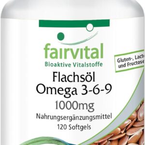 Fairvital | Omega-3-6-9 Kapseln - HOCHDOSIERT mit 2000mg LeinsamenÖl (Flaxseed Oil) pro Tagesdosis - natürliches Linolsäure & Alpha-Linolensäure - kaltgepresst - 120 Softgels