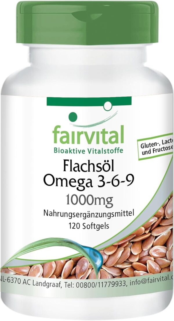 Fairvital | Omega-3-6-9 Kapseln - HOCHDOSIERT mit 2000mg LeinsamenÖl (Flaxseed Oil) pro Tagesdosis - natürliches Linolsäure & Alpha-Linolensäure - kaltgepresst - 120 Softgels