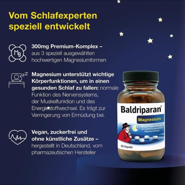 Baldriparan® Magnesium - hochdosierter Premium-Komplex mit Magnesiumbisglycinat. Vom Nr. 1 pflanzlichen Schlafexperten aus der Apotheke. Hohe Bioverfügbarkeit. Labor geprüft, hochdosiert. Vegan. – Bild 4