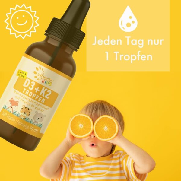 Vihado Vitamin D3 + K2 für Kinder von 1-4 Jahre, sicherer Markenrohstoff, vegan, 300 Tage, 5μg 200 IE Vitamin D aus Flechten + Vitamin K, Vitamin D Kinder Vitamine, 10 ml (300 Tropfen) – Bild 7