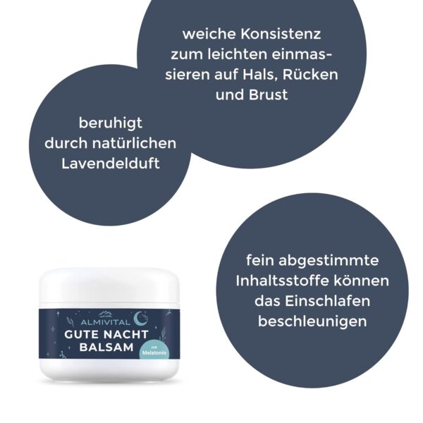 ALMIVITAL Gute Nacht Balsam mit Melatonin, Baldrian & Lavendöl – Natürliche Schlafhilfe - Einschlafhilfe für Erwachsene bei Stress, Unruhe, Jetlag und hormonellen Veränderungen – 100ml – Bild 2