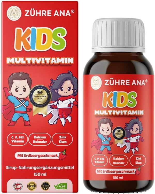 Zühre Ana® KIDS Multivitamin - Unterstützung von Vitaminen und Mineralien, Multivatamin Sirup mit Erdbeer-Geschmack (150 ml)