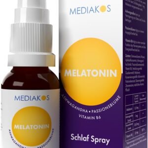 Mediakos® Melatonin Einschlafspray mit Ashwagandha (20ml) - Hochdosiertes Melatonin Spray mit Passionsblume & Vitamin B6 - Schlafspray für direkte & kontaktlose Anwendung - Pfirsich-Geschmack
