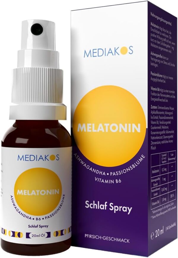 Mediakos® Melatonin Einschlafspray mit Ashwagandha (20ml) - Hochdosiertes Melatonin Spray mit Passionsblume & Vitamin B6 - Schlafspray für direkte & kontaktlose Anwendung - Pfirsich-Geschmack