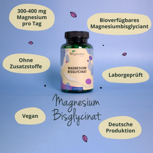 Magnesium Bisglycinat Kapseln hochdosiert | 400 mg elementares Magn. pro Tag | gegen Müdigkeit* | Laborgeprüft & Vegan | Ohne Füll- und Zusatzstoffe | Deutsche Produktion von Vegavero® – Bild 3
