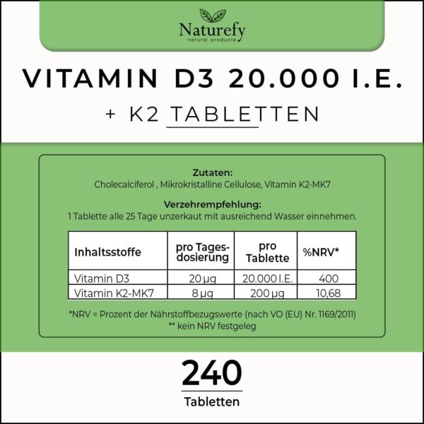 Vitamin D3 K2 Hochdosiert 20.000 – 240 Tabletten – VitaminD 20.000 IE – Vitamin D3 K2 Tabletten – Vitamine D3 + K2 Hochdosiert – Bild 2