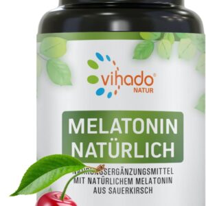 Vihado Natur Melatonin hochdosiert, Innovation: natürliches Melatonin aus Sauerkirsch, zusätzlich Ashwagandha, Passionsblume, Lavendel, 90 Kapseln