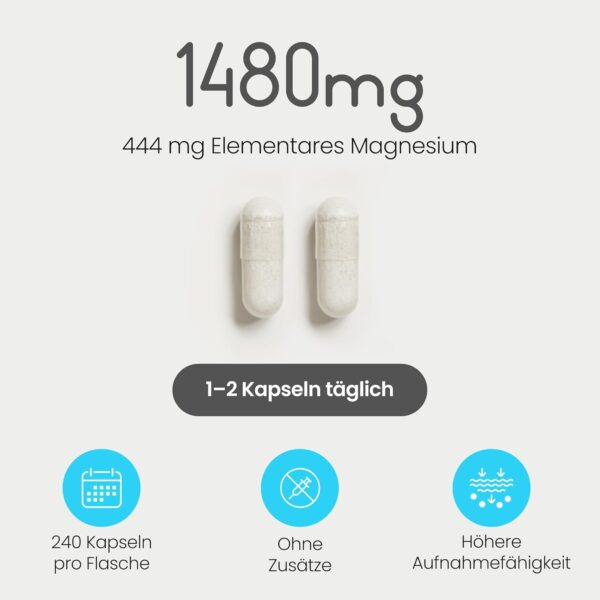 Magnesiumcitrat Kapseln 240, 1480mg Magnesium Komplex Pulver Hochdosiert (444mg Elementares Mg) Vegan, Ohne Zusatzstoffe, Magnesium Citrate Pulver Labor/Sport, Mg Citrat VitaBright – Bild 3