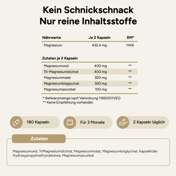 Magnesium Komplex hochdosiert - 1500 mg davon 432mg elementares Magnesium - Citrat, Oxid, Glycinat, Malat und Ascorbat - 180 Kapseln - 5 hochwertige Verbindungen für Muskeln, Eiweiß, Sport – Bild 5