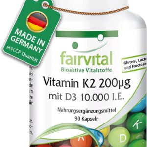 Fairvital | Vitamin D3 + K2 Kapseln - 90 Kapseln - Vitamin D3 10.000 I.E Depot + Vitamin K2 MK-7 200mcg pro Kapsel - HOCHDOSIERT & Vegan - nur 1 Kapsel alle 10 Tage