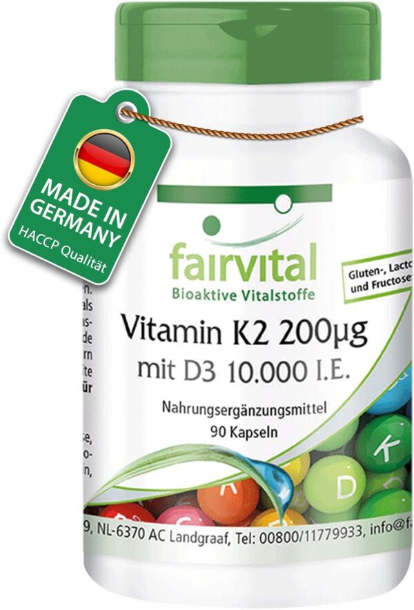 Fairvital | Vitamin D3 + K2 Kapseln - 90 Kapseln - Vitamin D3 10.000 I.E Depot + Vitamin K2 MK-7 200mcg pro Kapsel - HOCHDOSIERT & Vegan - nur 1 Kapsel alle 10 Tage