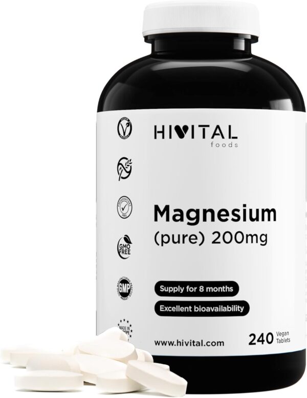 Magnesium 200 mg (gewonnen aus der MagnesiumCitrat). 240 Vegane Tabletten, Vorrat für 8 Monate). Produkt entwickelt und hergestellt von HIVITAL Laboratories