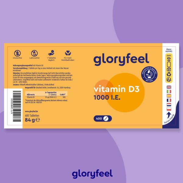 Vitamin D Sonnenvitamin - 400 Tabletten (13 Monate) - Laborgeprüfte 1000 IE Vitamin D3 pro Tablette - Unterstützt Knochen, Zähne, Muskeln und Immunsystem* - Ohne Zusätze – Bild 2