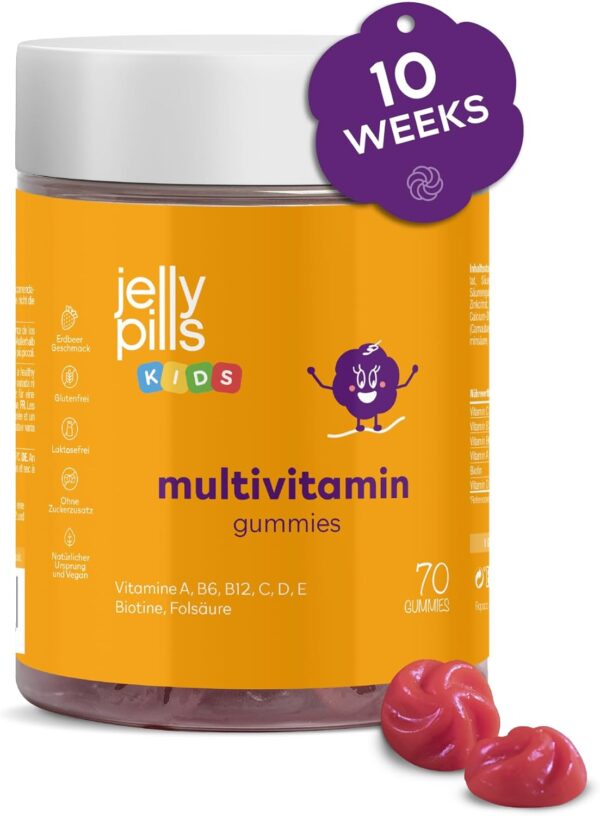 Jelly Pills® Multivitamine und Mineralien Kinder 70 Gummies - ohne Zuckerzusatz - Gummis mit Erdbeergeschmack 10 Wochen - mit allen Vitaminen A B C D E Biotin Folsäure Zink Jod Magnesium Chrom