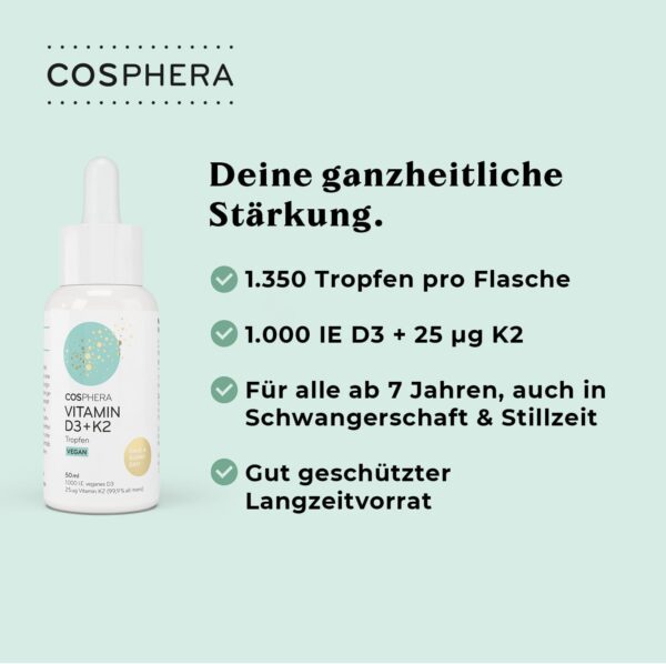 Vitamin D3 K2 Tropfen hochdosiert & vegan - 1.000 IE D3 + 25µg K2 MK7 (99,9% all-trans) + MCT-Öl - Sonnenvitamin D (Cholecalciferol) für Knochen und Immunsystem - 50 ml flüssig ohne Zusätze – Bild 5