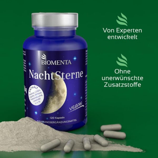 BIOMENTA Nachtsterne – 120 Baldrian Kapseln hochdosiert - Wirkstoffkomplex mit Hopfen, GABA, Melisse, Passionsblume, Lavendel, Magnesium, Vitamin C, B-Vitaminen - vegan - Premiumqualität – Bild 6