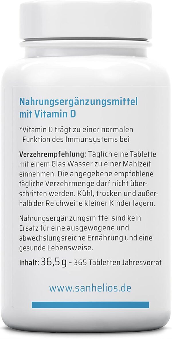 Sanhelios Sonnenvitamin D - 1000 I.E. Vitamin D3 - Unterstützt Knochen, Zähne, Muskeln und Immunsystem* - 365 Microtabletten Jahresvorrat - Nur Premium Zutaten - Hergestellt & geprüft in Deutschland – Bild 5