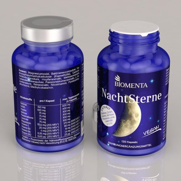 BIOMENTA Nachtsterne – 120 Baldrian Kapseln hochdosiert - Wirkstoffkomplex mit Hopfen, GABA, Melisse, Passionsblume, Lavendel, Magnesium, Vitamin C, B-Vitaminen - vegan - Premiumqualität – Bild 7