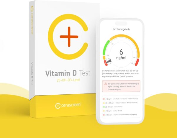 Vitamin D Test Kit von CERASCREEN - Spiegel messen und Bedarf erkennen mit dem Testkit für zu Hause | Zertifiziertes Labor | Konkrete Handlungsempfehlungen und Gesundheitsinformationen