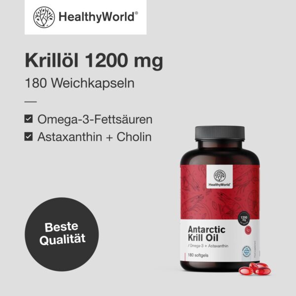 HealthyWorld® Krillöl 1200 mg - 180 Weichkapseln - Omega-3 + Astaxanthin - Ohne Gluten, Laktose und Künstliche Aromen - 3-Monats-Vorrat - Unterstützt Herz- und Kreislauffunktion – Bild 2