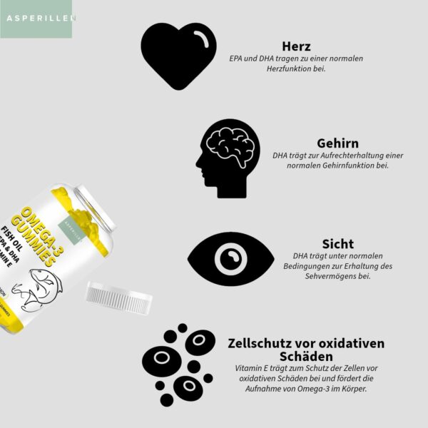 Omega 3 Gummibärchen mit Vitamin E aus Fischöl mit Zitronengeschmack – Hochdosiert Omega 3 Fettsäuren EPA und DHA – 400 mg EPA + 200 mg DHA – Omega 3 Gummies – 60 Einheiten – Bild 4