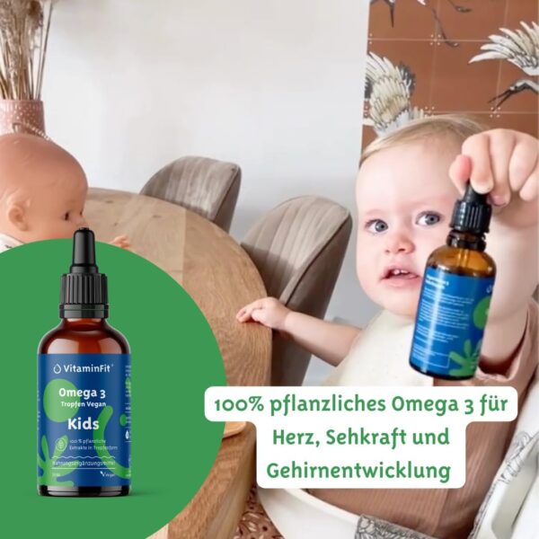 VitaminFit Kinder Omega-3-Tropfen Nahrungsergänzung für Kinder - Flüssig - DHA - EPA - ALA - Fischfrei - 100% Pflanzlich - Vegan - 50 ml – Bild 2
