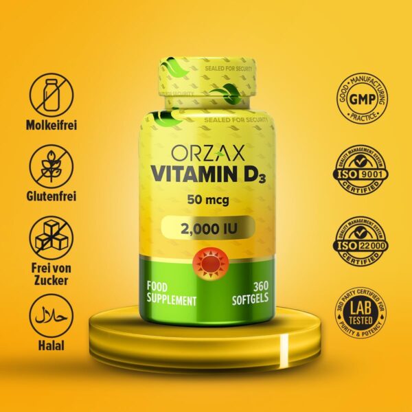 Orzax Vitamin D3 2000 I.E. - 360 Weichkapseln (12 Monate) - hochdosiert & naturbelassenes vitamin d, ohne Zusätze, laborgeprüft (Cholecalciferol) – Bild 3