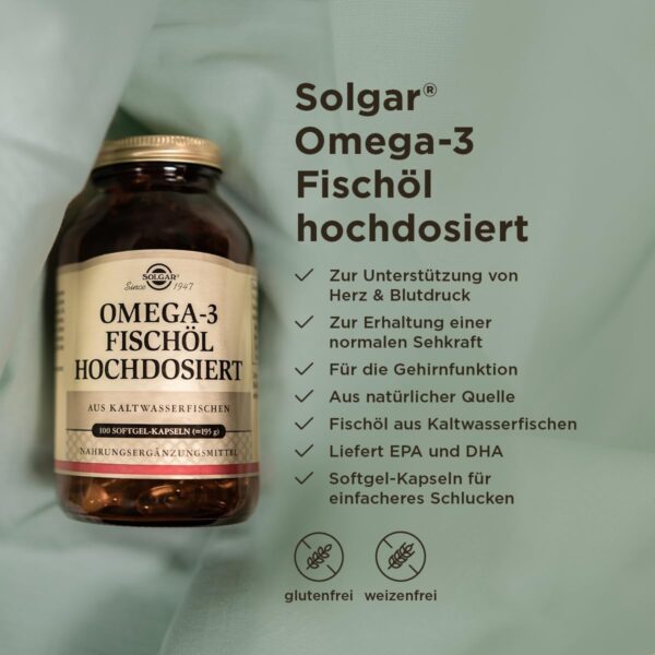 SOLGAR® Omega-3 Fischöl hochdosiert | Kaltwasser-Fischöl mit EPA und DHA | Mehrfach ungesättigte Fettsäuren | mit 1764 mg Omega-3-Fettsäuren pro Tagesdosis | 100 Softgel-Kapseln – Bild 2