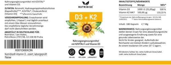Nutridise Vitamin D3 + K2 Kapseln – 1000 IE D3 + 100 µg K2VITAL MK7 99,99% Trans-Form – optimales D3 / K2 Verhältnis - hochdosiert, laborgeprüft - 180 Kapseln – Bild 5