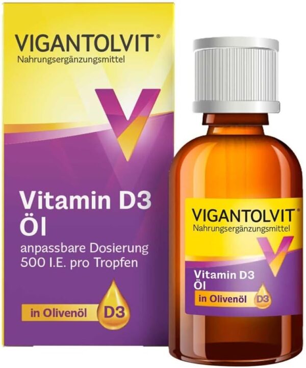 VIGANTOLVIT® Öl Vitamin D-Tropfen in Olivenöl unterstützt Knochen, Muskeln und Immunsystem*, anpassbare Dosierung - 500 I.E. pro Tropfen, 306 Tropfen pro Flasche
