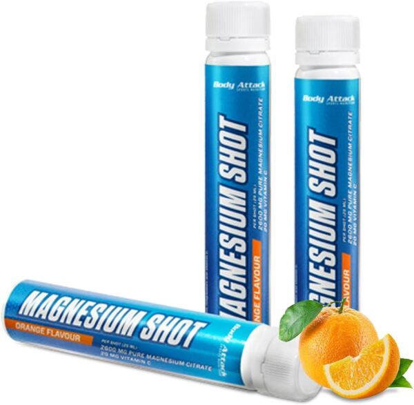 Body Attack- Magnesium Shot, hochdosiertes & flüssiges Magnesium, 225mg Magnesium, Extra Portion Vitamin C, 2600mg Magnesium Citrate, Veganes Pre & Postworkout, Made in Germany- 20 x 25ml (Orange) – Bild 2