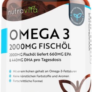 Omega 3 Kapseln hochdosiert 240-2000mg Fischöl Kapseln mit 660mg EPA & 440mg DHA pro Portion - Omega 3 Öl, Reines Fischöl aus nachhaltiger Fischerei - Geprüft/Zertifiziert in Deutschland - Nutravita