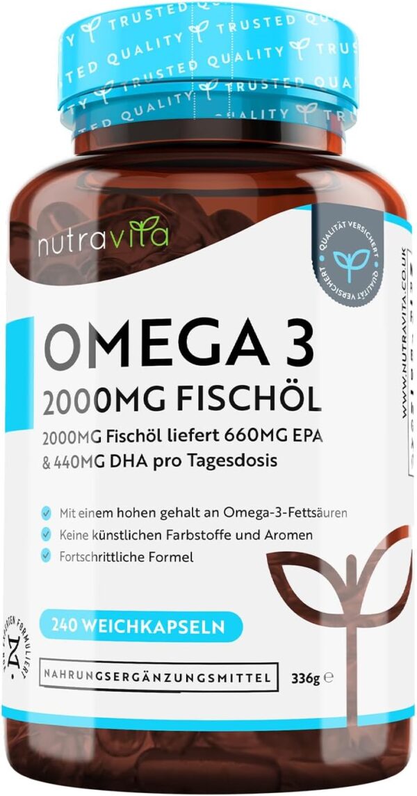 Omega 3 Kapseln hochdosiert 240-2000mg Fischöl Kapseln mit 660mg EPA & 440mg DHA pro Portion - Omega 3 Öl, Reines Fischöl aus nachhaltiger Fischerei - Geprüft/Zertifiziert in Deutschland - Nutravita