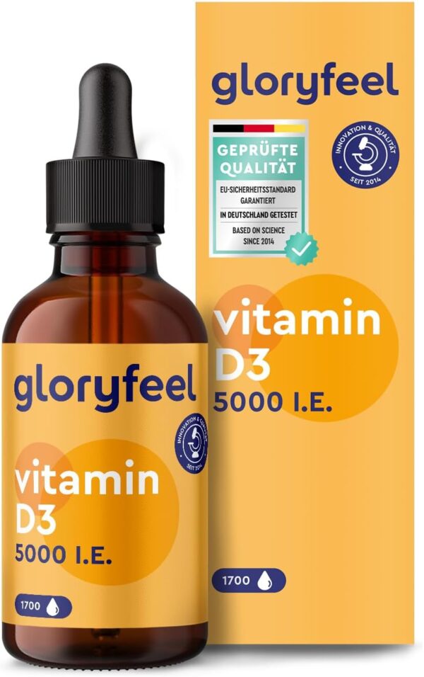 Vitamin D3 5000 I.E. pro Tropfen, Hochdosiert - 50ml (flüssig) in MCT-Öl aus Kokos - Vitamin D3 Tropfen hoch bioverfügbar und stabil - Laborgeprüft, ohne Zusätze in Deutschland hergestellt