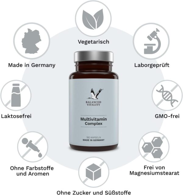 Multivitamin Kapseln - enthält alle wertvollen Vitamine A-Z & Mineralstoffe - 180 vegetarische Kapseln für 3 Monate - ohne Zusatzstoffe - laborgeprüft - Balanced Vitality – Bild 6
