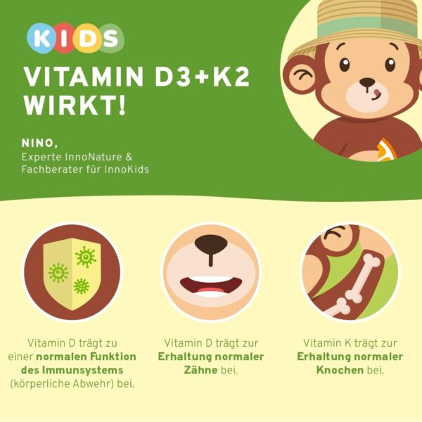 InnoNature Vitamin D3+K2 Kids Tropfen, Orange | mit Vitamin D für normales Wachstum, Entwicklung der Knochen & Immunsystem | 10ml, vegan – Bild 2