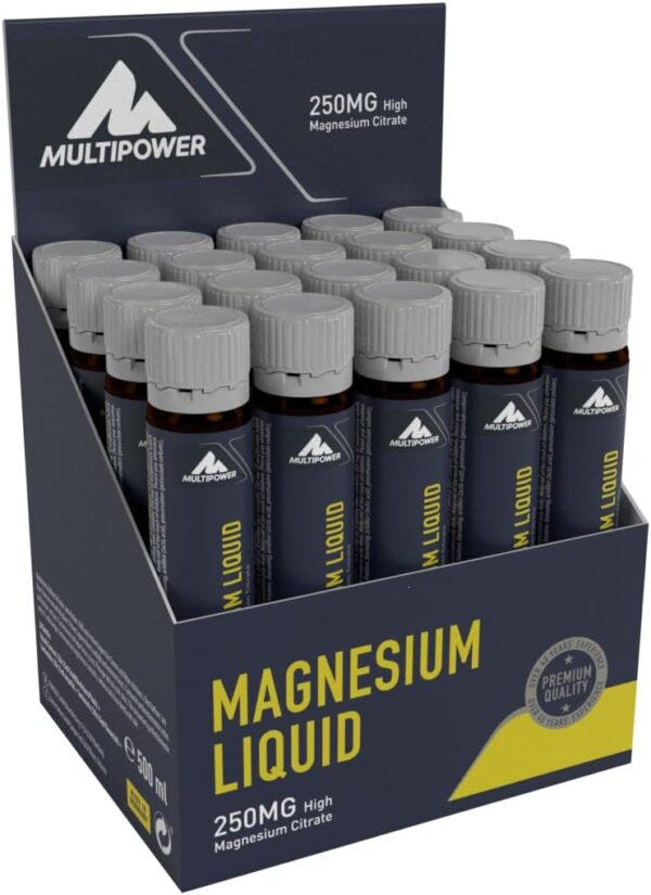 Multipower Supplements Magnesium Liquid im 20er Pack (20 Ampullen / insg. 500 ml) – Hochkonzentriertes Magnesiumcitrat unterstützt die Regeneration – Mineralstoff beugt Muskelkrämpfen vor