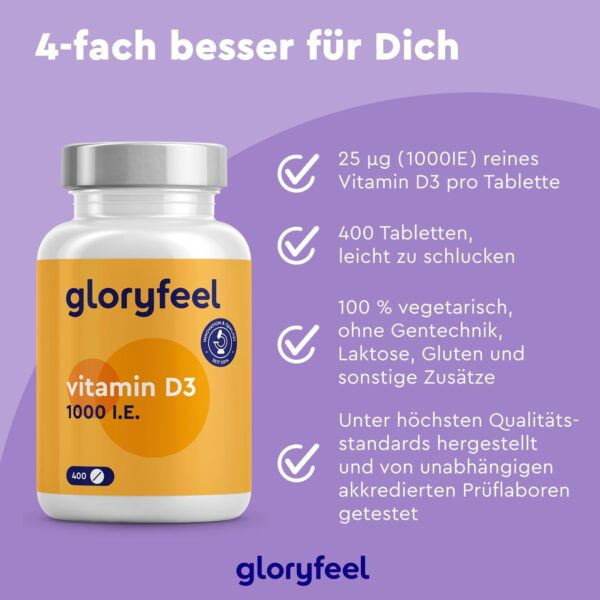 Vitamin D Sonnenvitamin - 400 Tabletten (13 Monate) - Laborgeprüfte 1000 IE Vitamin D3 pro Tablette - Unterstützt Knochen, Zähne, Muskeln und Immunsystem* - Ohne Zusätze – Bild 4