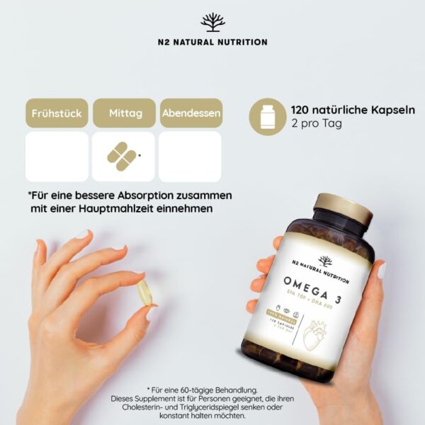 Omega 3 Kapseln Hochdosiert mit 2000 mg Fischöl mit 700mg EPA und 500 mg DHA, Fischöl mit Vitamin E und den Omega 3 Fettsäuren. 120 Softgel-Kapsel reines Seefischöl N2 Natural Nutrition – Bild 5