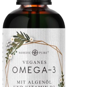 Veganes Omega 3 Algenöl Präparat | DHA aus der Mikroalge Schizochytrium sp. | Mit Vitamin D3 | Auf Basis von Hanfsamenöl | Hoher Anteil an Alpha-Linolsäure und Alpha Linolensäure, 100 ml