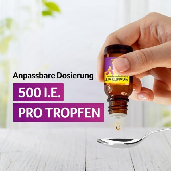 VIGANTOLVIT® Öl Vitamin D-Tropfen in Olivenöl unterstützt Knochen, Muskeln und Immunsystem*, anpassbare Dosierung - 500 I.E. pro Tropfen, 306 Tropfen pro Flasche – Bild 7