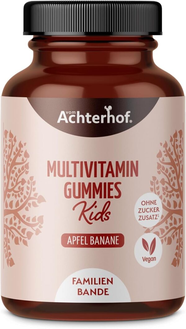 Multivitamin Kids Gummies 190 Stück | Apfel-Banane-Geschmack | mit 8 Vitaminen und Jod | ohne Zuckerzusatz | ohne Konservierungsstoffe | vegan | vom Achterhof