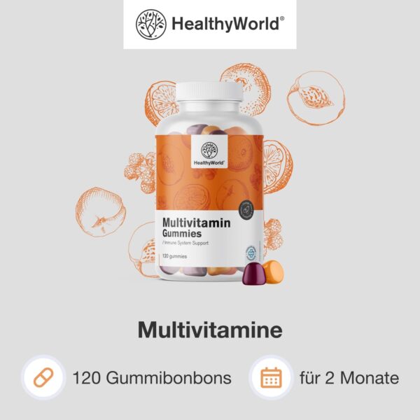 HealthyWorld® Multivitamine - 120 Gummibonbons - Für 2 Monate - Perfekte Kombination aus 10 Vitaminen, Chrom und Inositol - Glutenfrei - Geschmack von Pfirsich, Orange und Brombeere – Bild 4