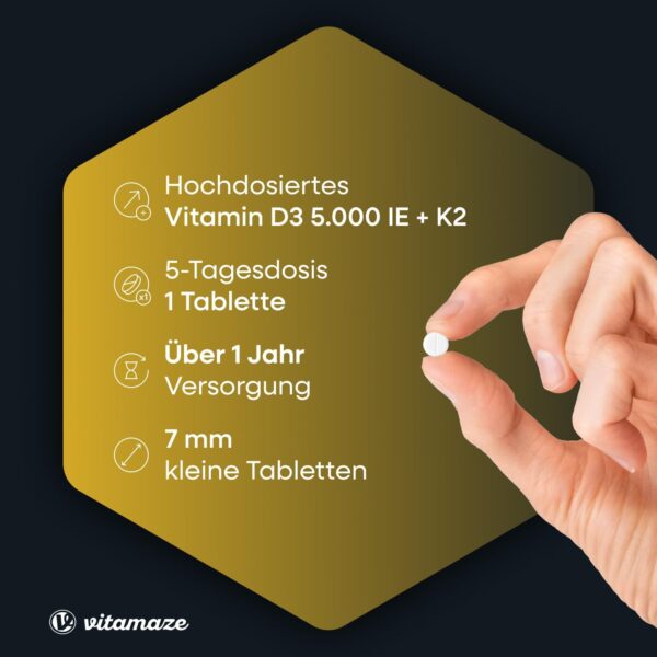 Vitamin D3 K2 5000 IE mit Vitamin K2 MK7 All Trans Form, 1+ Jahre Vorrat, 180 Tabletten Vitamin D ohne unnötige Zusatzstoffe, in Deutschland hergestellt – Bild 2