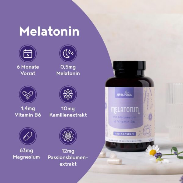 Melatonin Hochdosiert | 180 Kapseln | 0,5mg pro Kapsel | Mit Magnesium, Vitamin B6, Passionsblume & Kamille | Alternative zu Einschlafspray & Schlaftabletten | 100% vegan | Alpha Foods – Bild 3