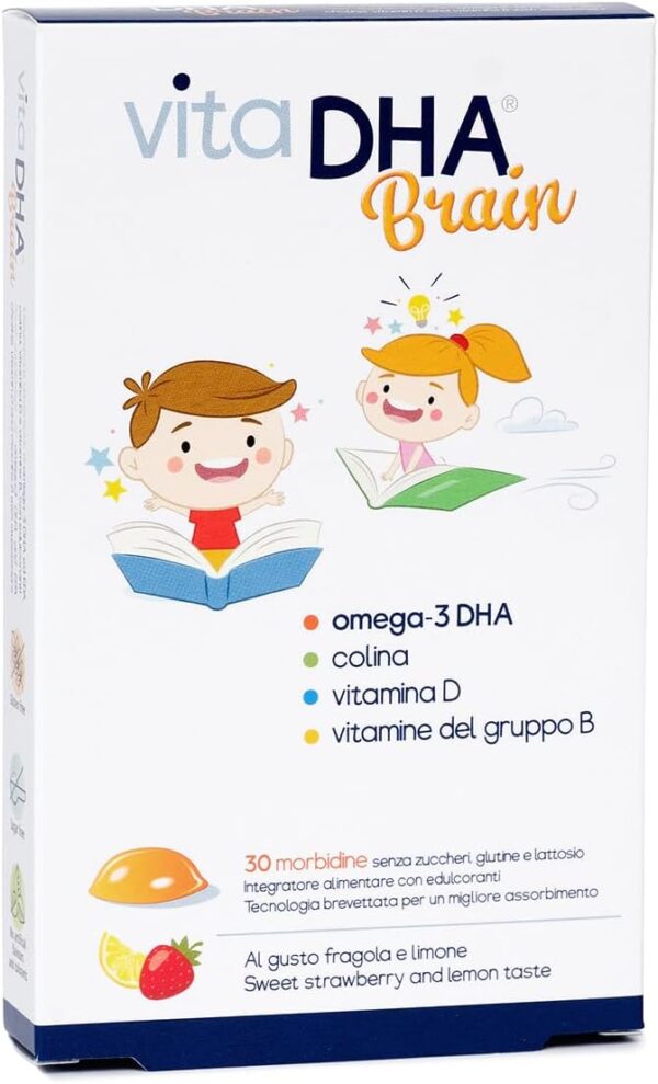 VitaDHA® Brain | Für Kinder | 250 mgOmega-3 DHA, Cholin und Vit.D und B| Für das Gehirn und das Immunsystem | Zuckerfrei | Angenehmer Erdbeer- und Zitronengeschmack | 30 Gelee