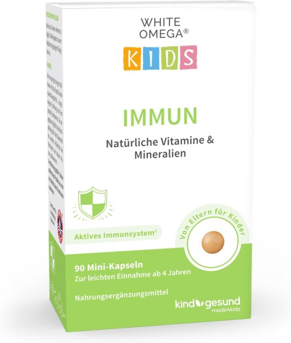 Vitamine für Kinder – für das Immunsystem – zuckerfrei – Omega-3, Vitamin C, D3+K2, Selen, Zink – 90 Mini-Kapseln (1 Monat)